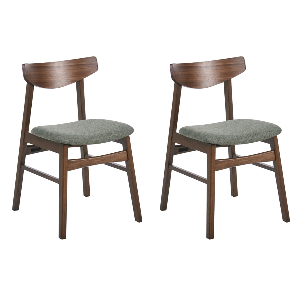 Set di 2 sedie da pranzo con struttura in legno di gomma marrone e verde seduta in tessuto senza braccioli design retrò