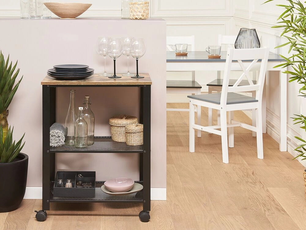 Carrello da Cucina in Legno di Pino Nero 40L x 50L x 86H cm 3 Ripiani Cassetto Posate Portabottiglie Rotelle