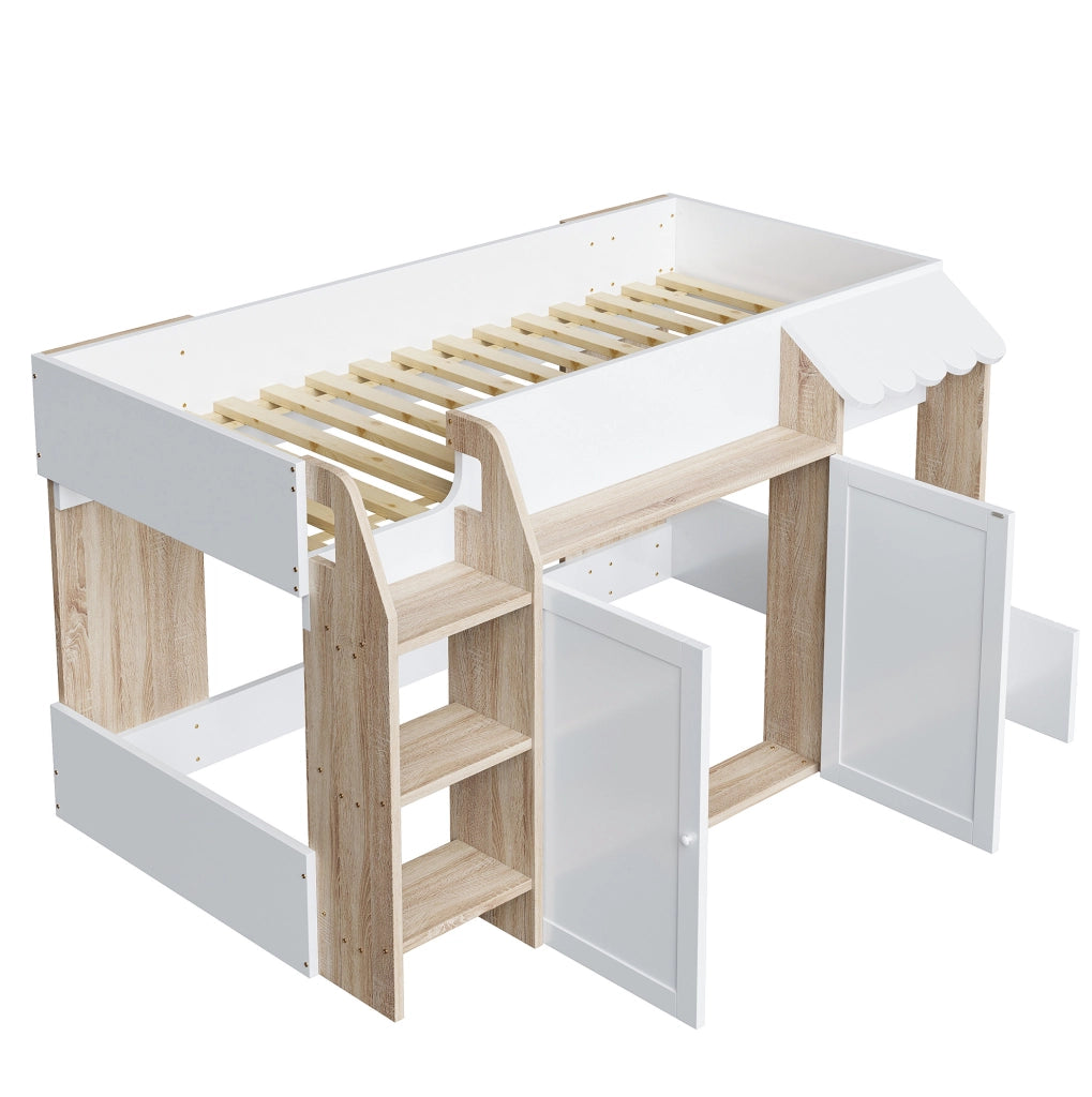 Letto a soppalco 90x200 cm con scala e contenitore in legno bianco e colore naturale