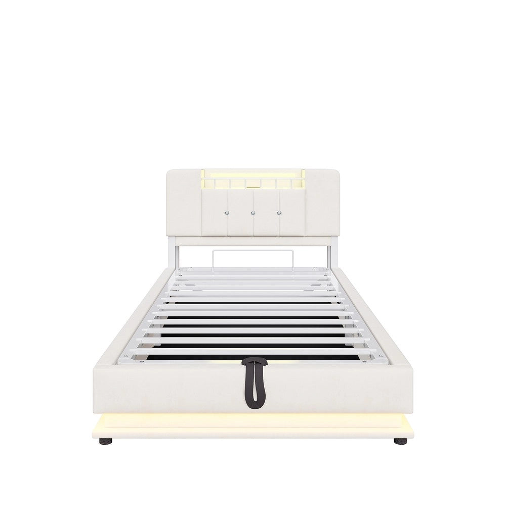 Letto Contenitore Imbottito per Bambini ¨C MINIMAL ¨C Velluto Beige, LED, USB, Idraulico, 90x200
