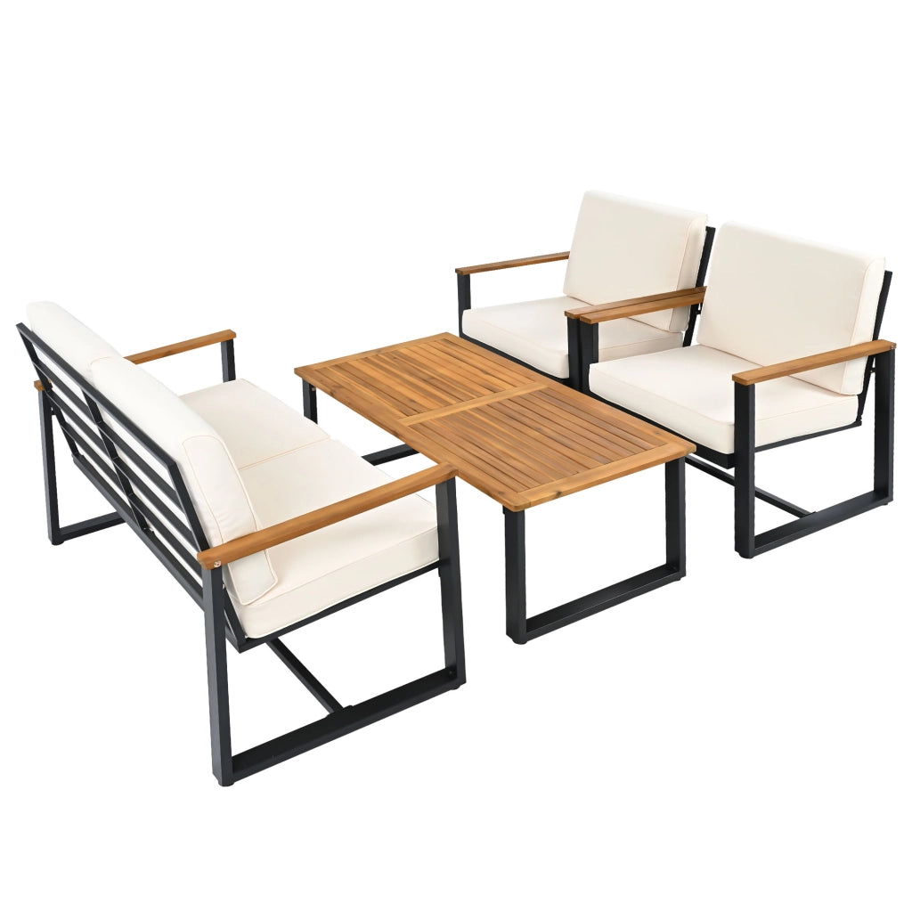Set Salotto da Giardino Divano 3+2+1+1 Posti con Tavolino e Pouf ¨C MINIMAL ¨C Acacia e Acciaio Beige
