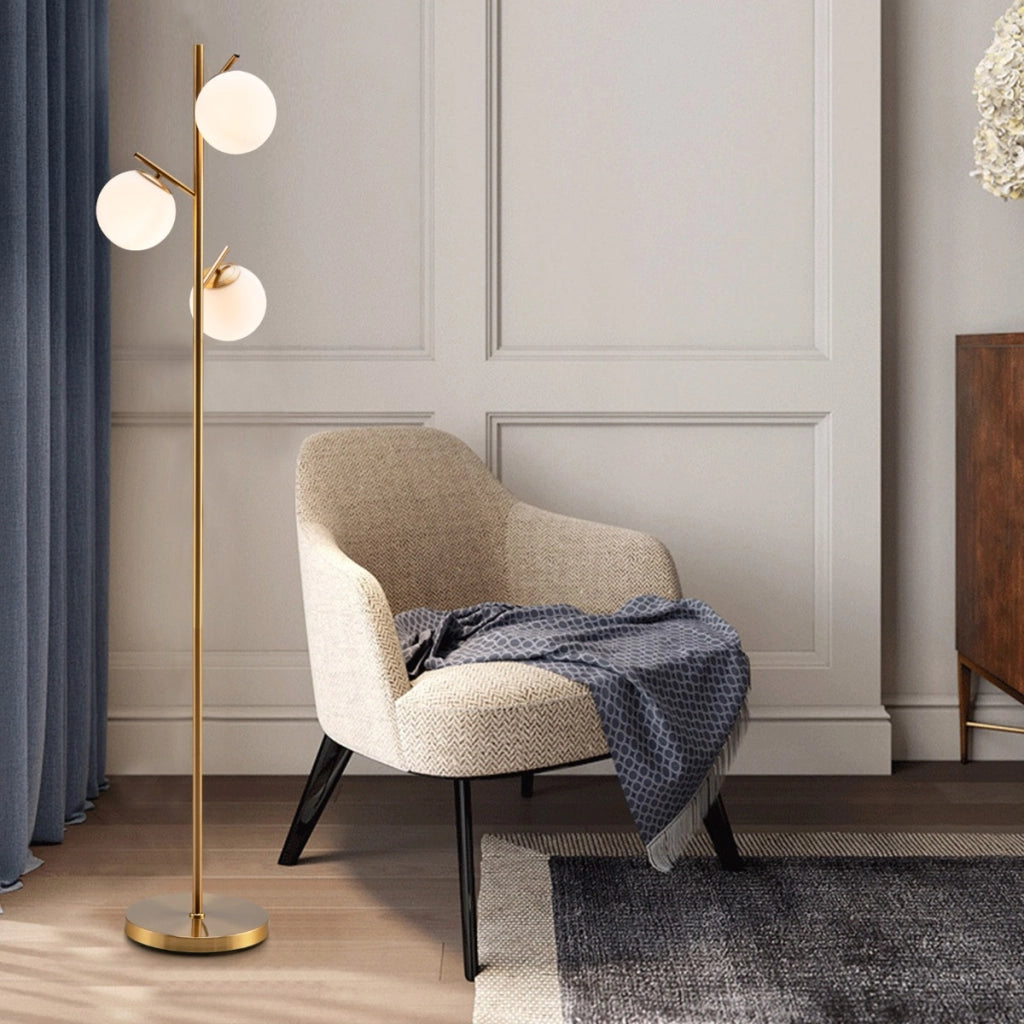 Lampada da terra a 3 globi con interruttore a pedale 3 basi per lampadine E27, Lampada moderna a stelo Oro-Lampade