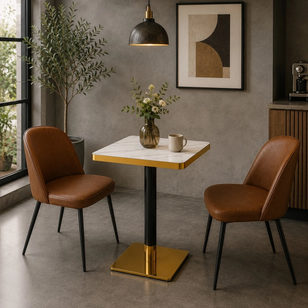 Tavolo quadrato da pranzo 60x60 cm in MDF effetto marmo bianco con gambe in metallo