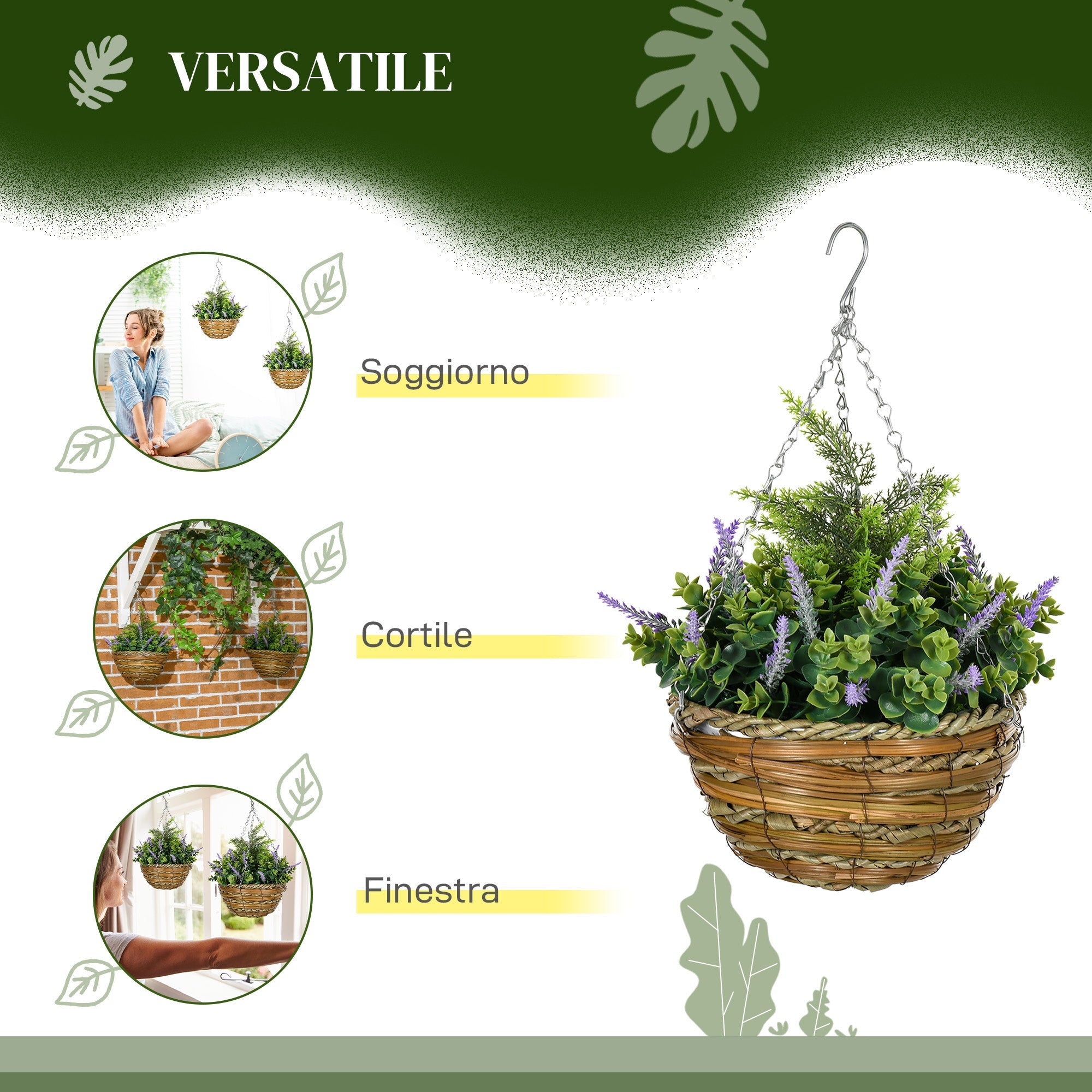 Set 2 Piante Artificiali di Lavanda Ø25x34 cm con Vaso e Gancio in PE e Vimini Verde e Viola