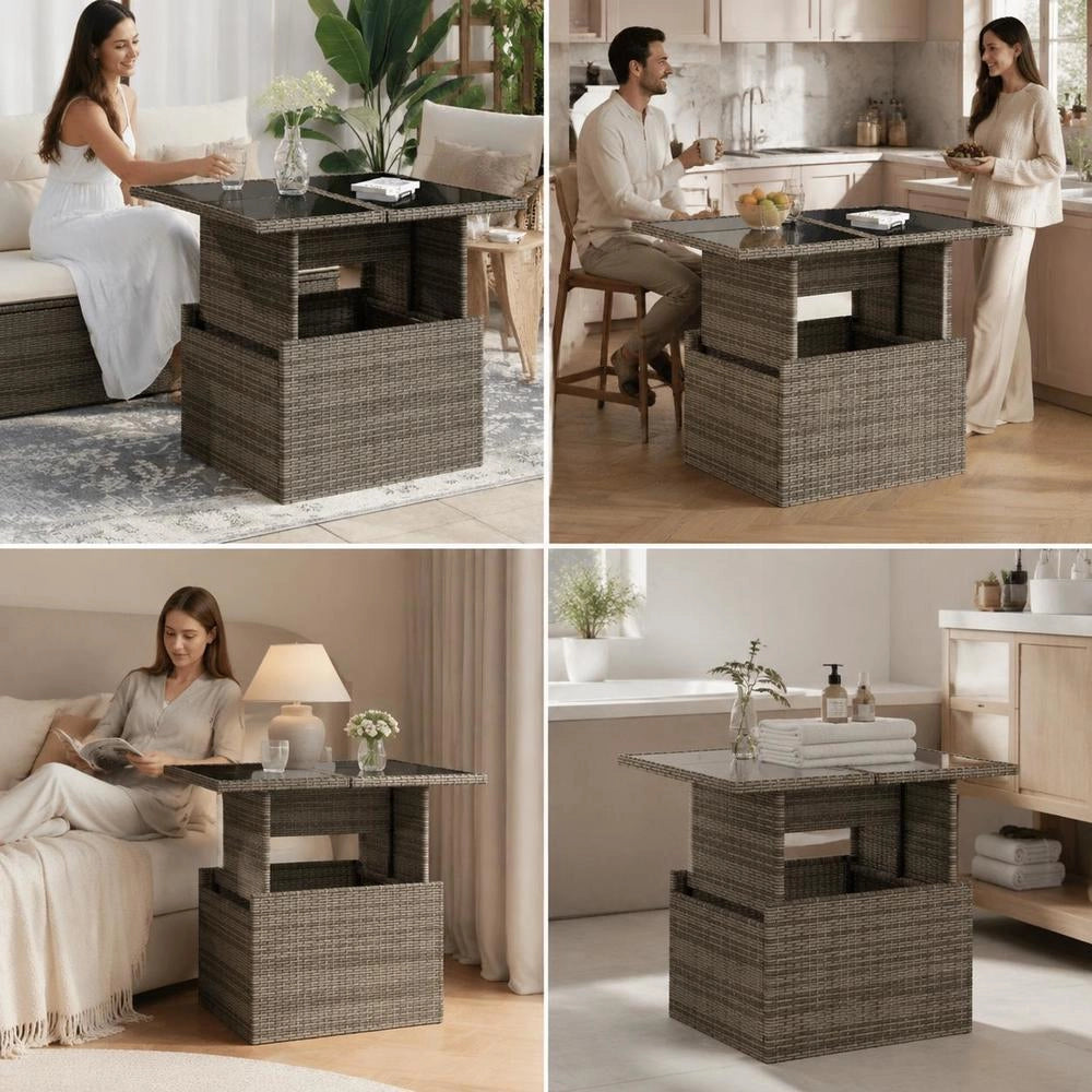 Garden Table With Glass Top, Grey, 100x55x73 Cm, Poly Rattan