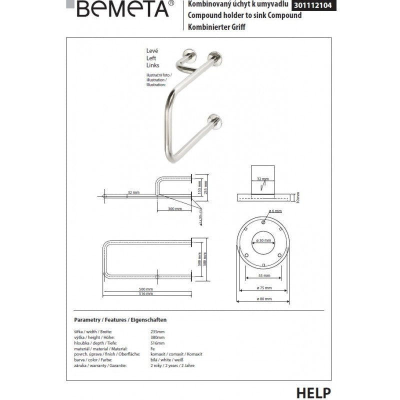 Maniglione + portasciugamani sinistro HELP comaxite bianco 51,6cm