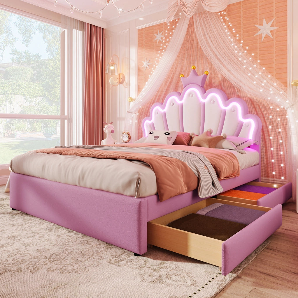 Letto imbottito per bambini 140x200 cm rosa con LED e cassetti
