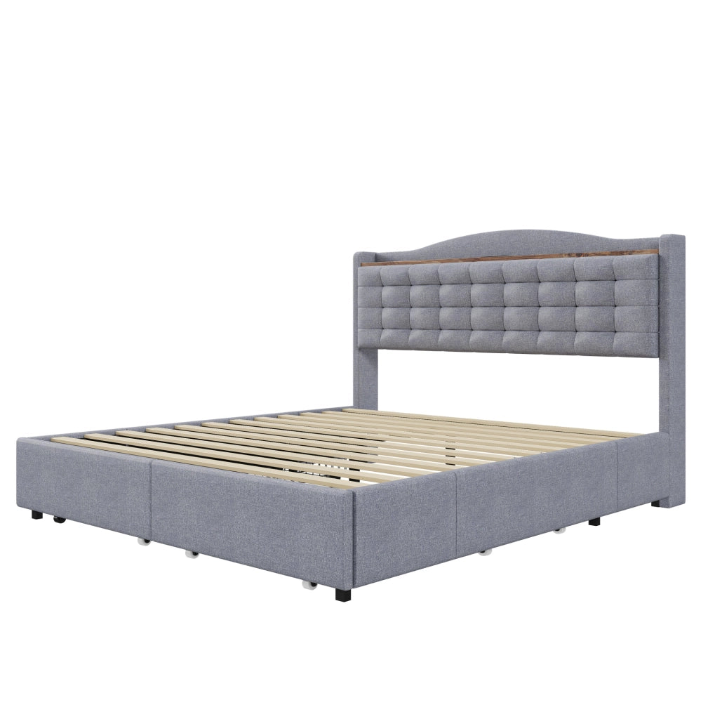 Letto imbottito 160x200 cm grigio con USB; mensola; 4 cassetti e rete a doghe
