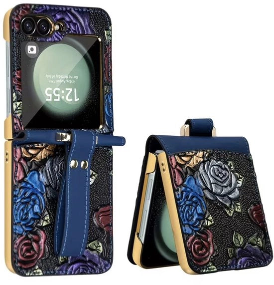 Hoesa per Samsung Galaxy Z Flip 6 in Pelle con Maniglione, Funzione di Riposo e Protezione Giroscopio