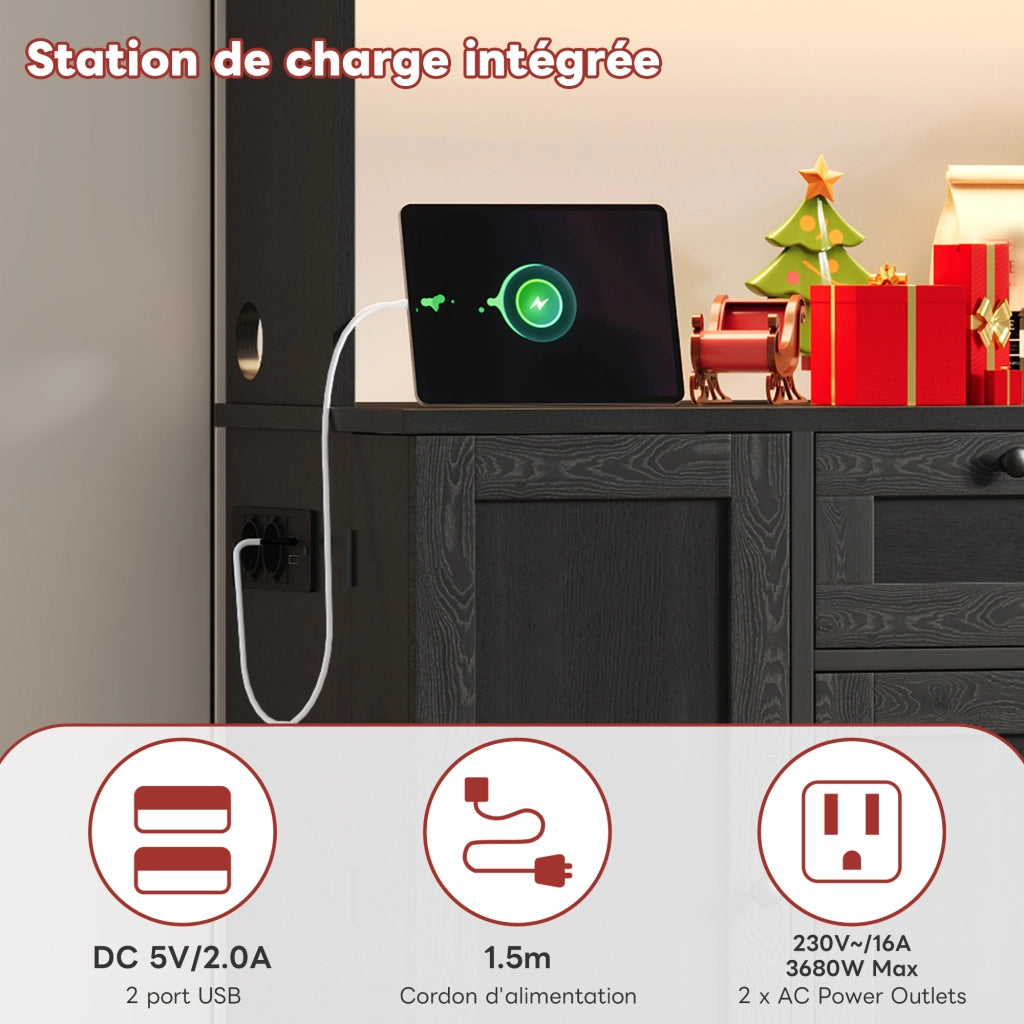 Credenza e madia con 5 ante, 1 cassetto, LED e presa, per cucina e sala da pranzo, in MDF, nero, 180 × 105 × 40 cm