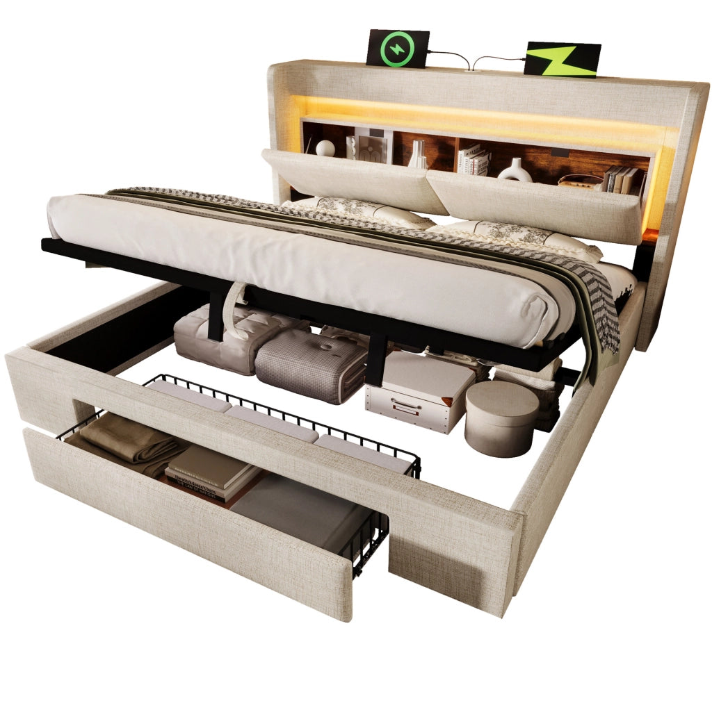Letto imbottito 180x200 cm in lino beige con contenitore idraulico; LED; USB e USB-C