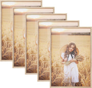 Set di 5 Cornici Foto 40x60 cm con Passepartout, Portafoto da Parete e Tavolo, Verticale o Orizzontale, in Legno Massiccio, Oro