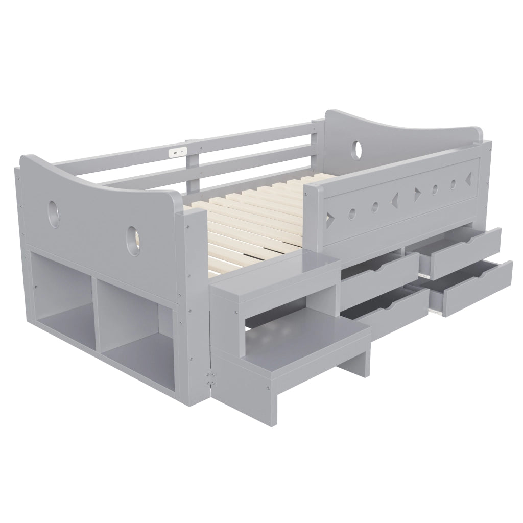 Letto singolo bambino 90×200 cm con 4 cassetti; LED; USB e Type-C; sicurezza laterale; senza materasso; legno; grigio