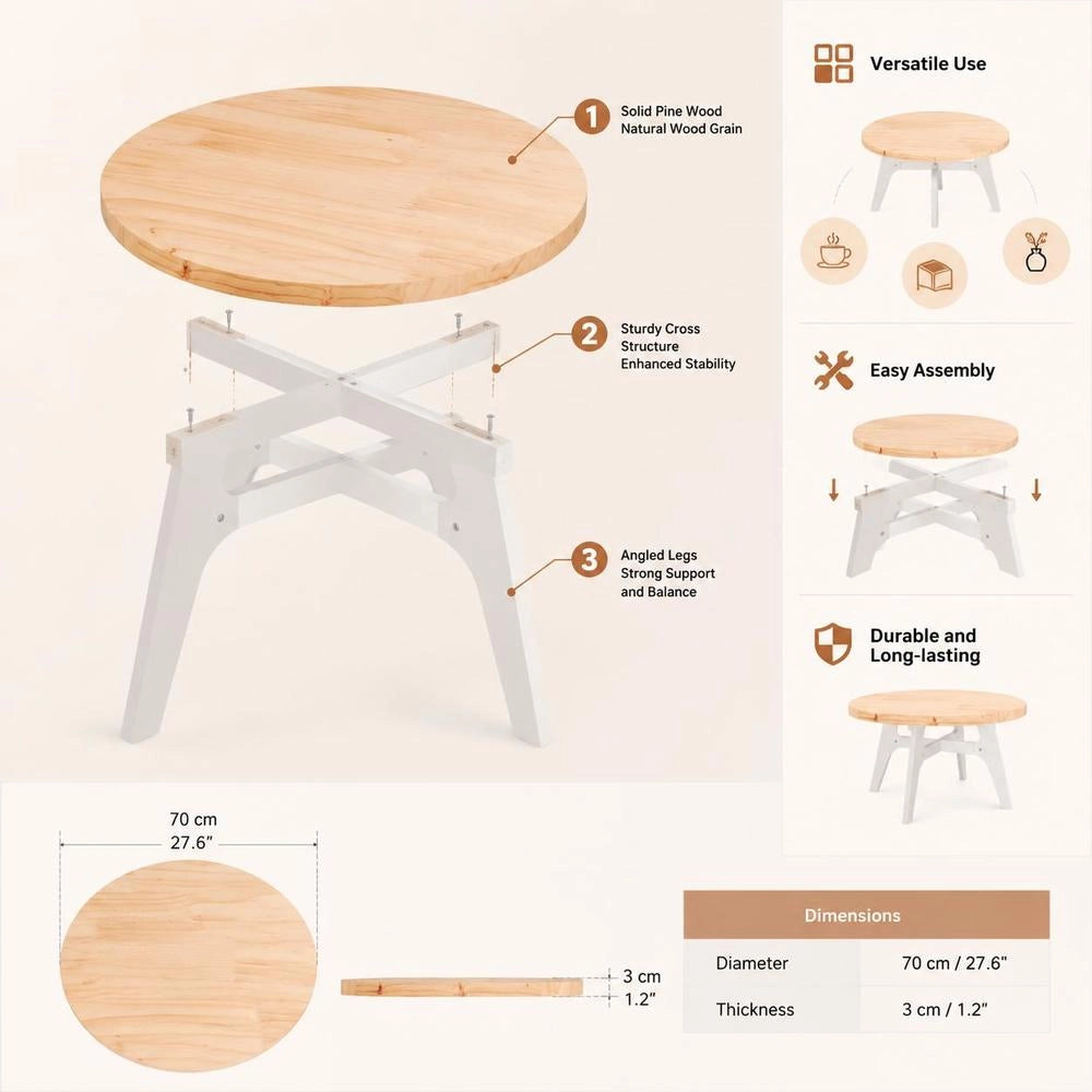 Round Tabletop 70x3 Cm, Solid Pine Wood