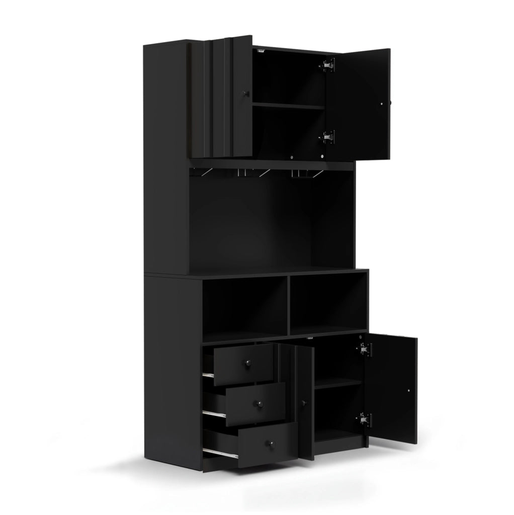 Credenza alta con vetrina; LED RGB; prese USB e AC; 100x40x180 cm; MDF; nera