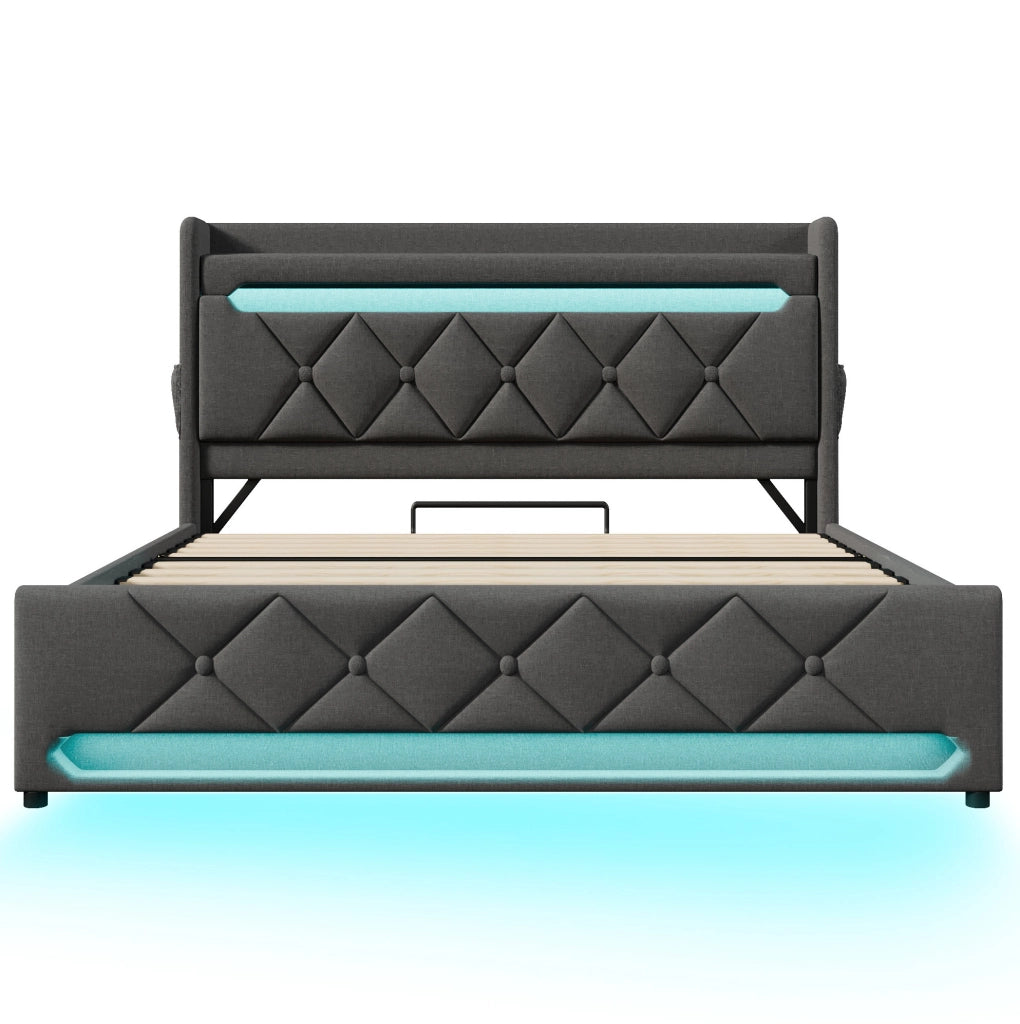 Letto matrimoniale 160x200 cm in lino grigio con LED; USB; contenitore idraulico e materasso