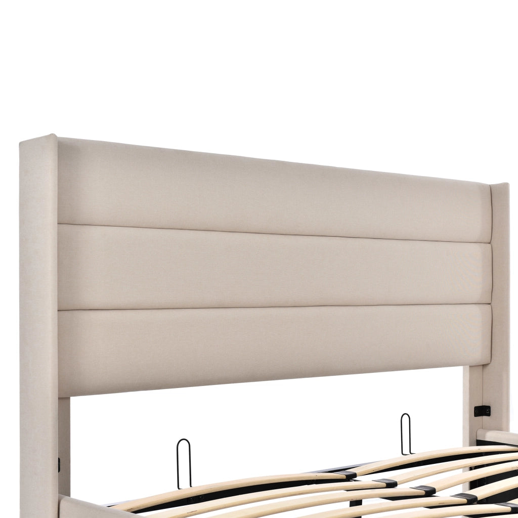 Letto contenitore matrimoniale 160x200 cm, imbottito con vano contenitore e sollevamento idraulico integrato, struttura in legno e metallo, tessuto lino, materasso non incluso, beige