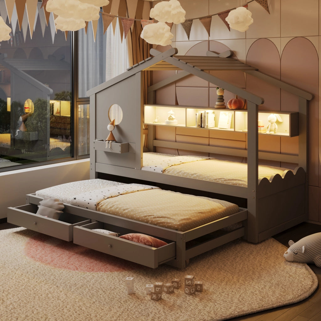 Letto Singolo con Letto Estraibile e LED ¨C MINIMAL ¨C Grigio, 90x200, con Cassetti e USB