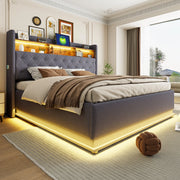 DESMIU Letto contenitore 180 × 200 cm 2 posti con LED, USB e contenitore idraulico, senza materasso, grigio