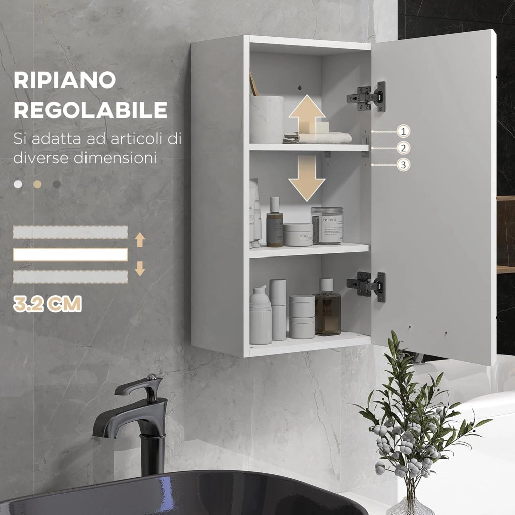 Mobiletto Bagno in MDF a 3 Ripiani con Ripiano Superiore Regolabile, Armadietto Bagno con Montaggio a Parete, 37x22.5x70 cm, Bianco Lucido