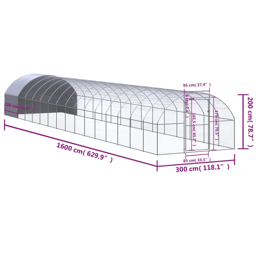 Pollaio/recinto/gabbia per polli da esterno 3 x 16 x 2 m acciaio zincato argento 02_0044003