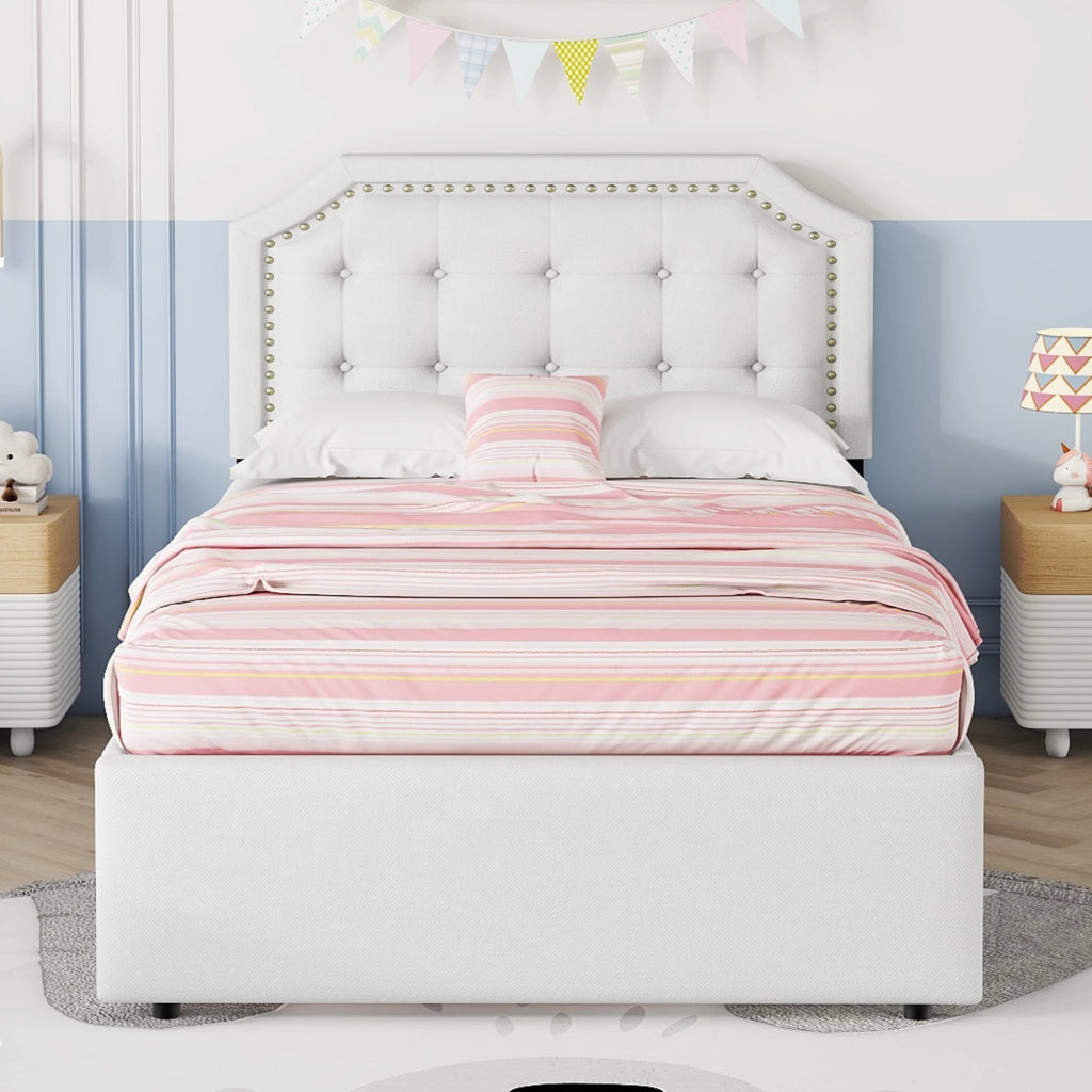 LETTO Imbottito 90x200 cm Beige Chiaro in MDF e lino con 2 cassetti