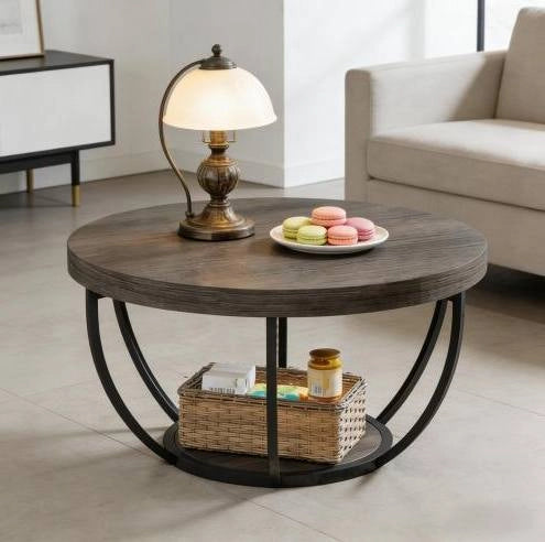 Tavolino rotondo in legno a due livelli con struttura in metallo resistente