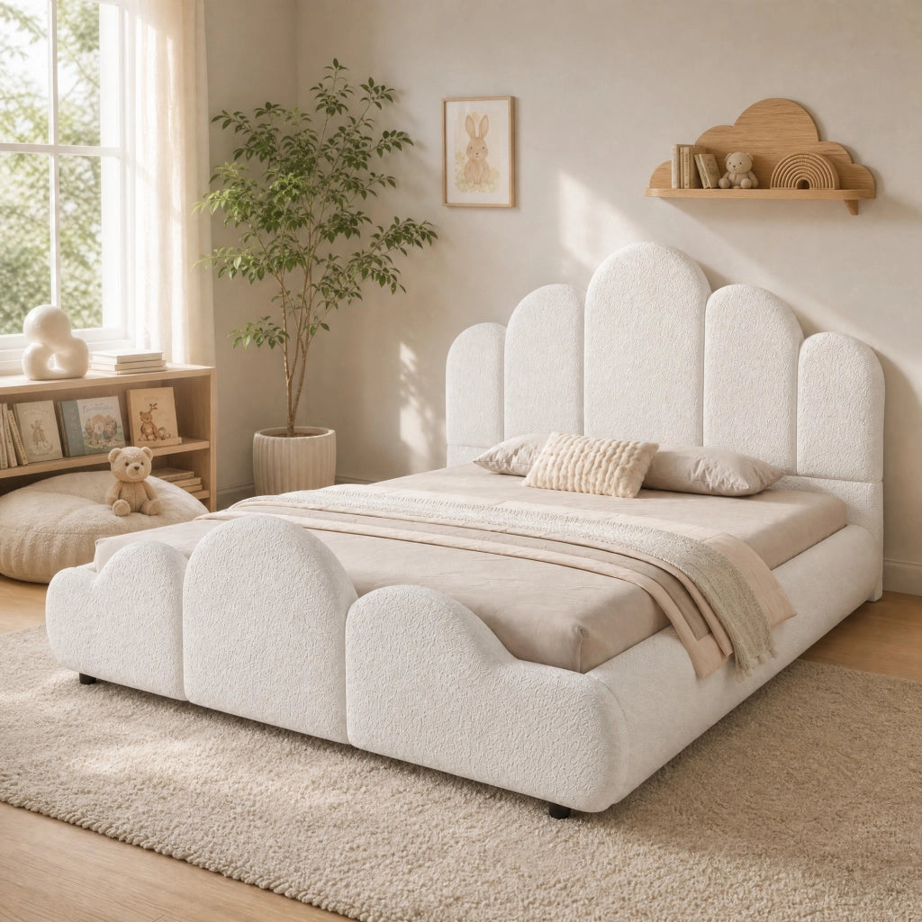 Letto per bambini imbottito 140x200 cm in bouclé beige con testiera e struttura con rete a doghe