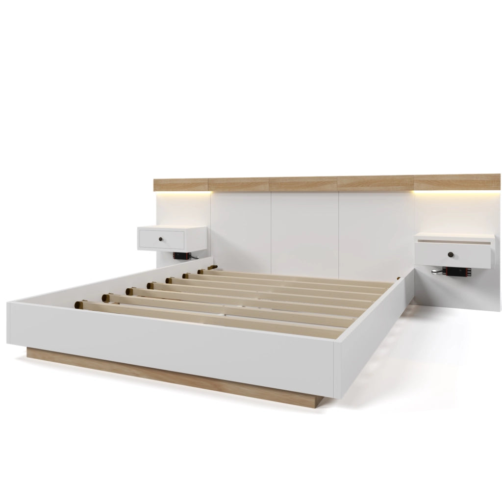 Letto matrimoniale 140x200 cm con 2 comodini LED e porte USB C; legno bianco e rovere Sonoma