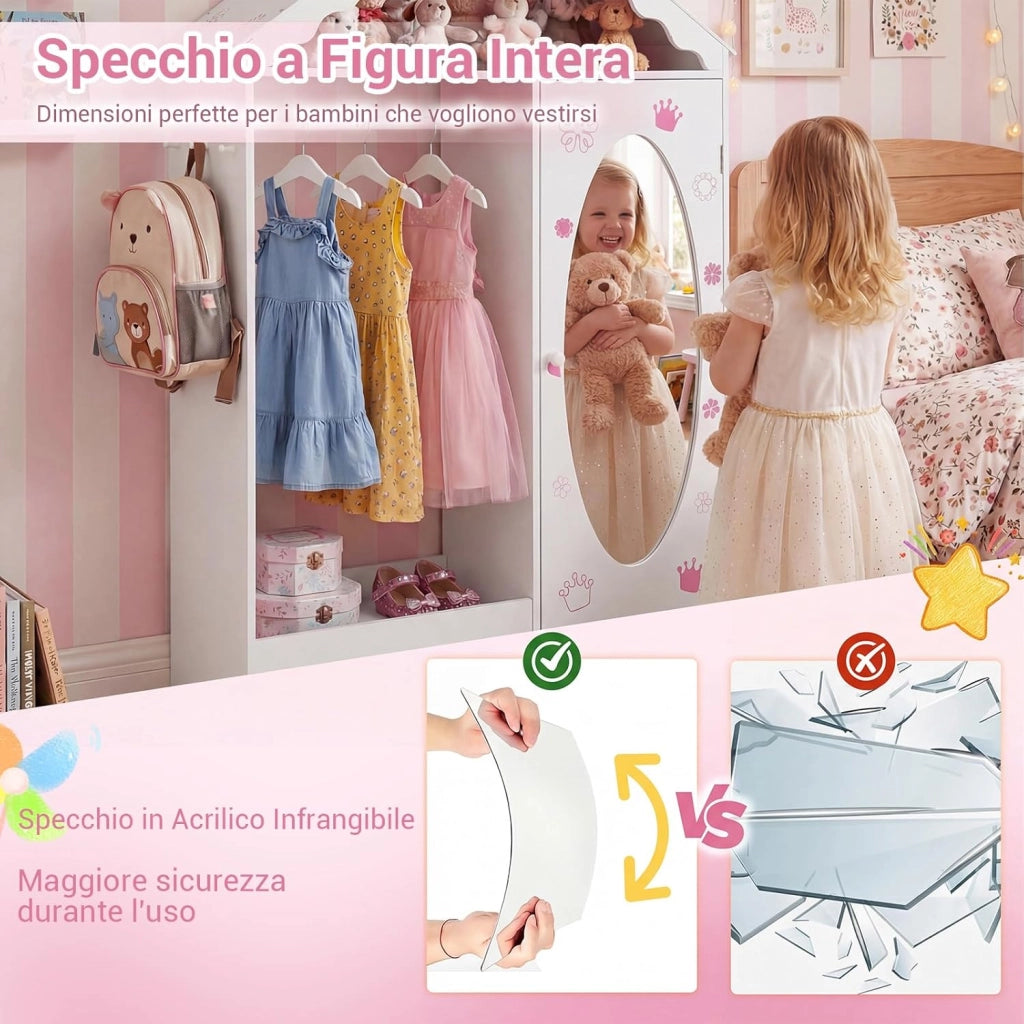 Armadio con Specchio per Bambini, Guardaroba Coperto con Appendiabiti Aperto, Scaffali e Ganci, Armadio e Organizzatore di Costumi per Camera da Letto e Stanza dei Giochi (Bianco)