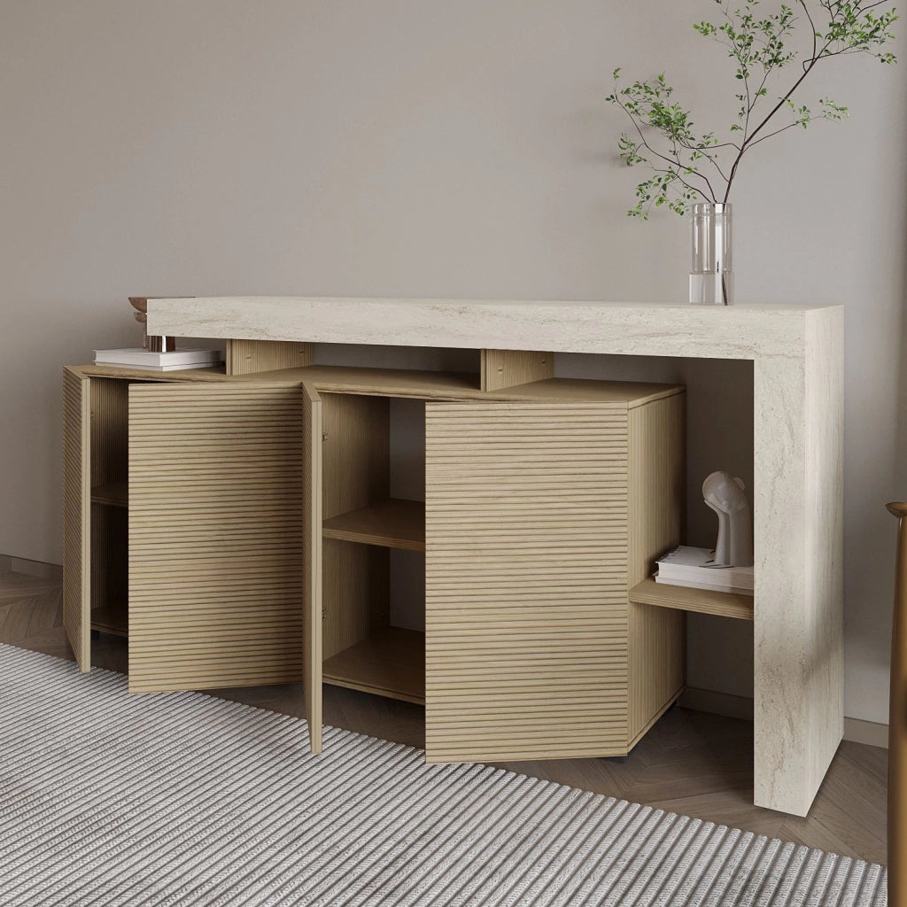 Credenza in legno "Beliz" - 170 x 35 x 80 cm - Travertino / Rovere caldo