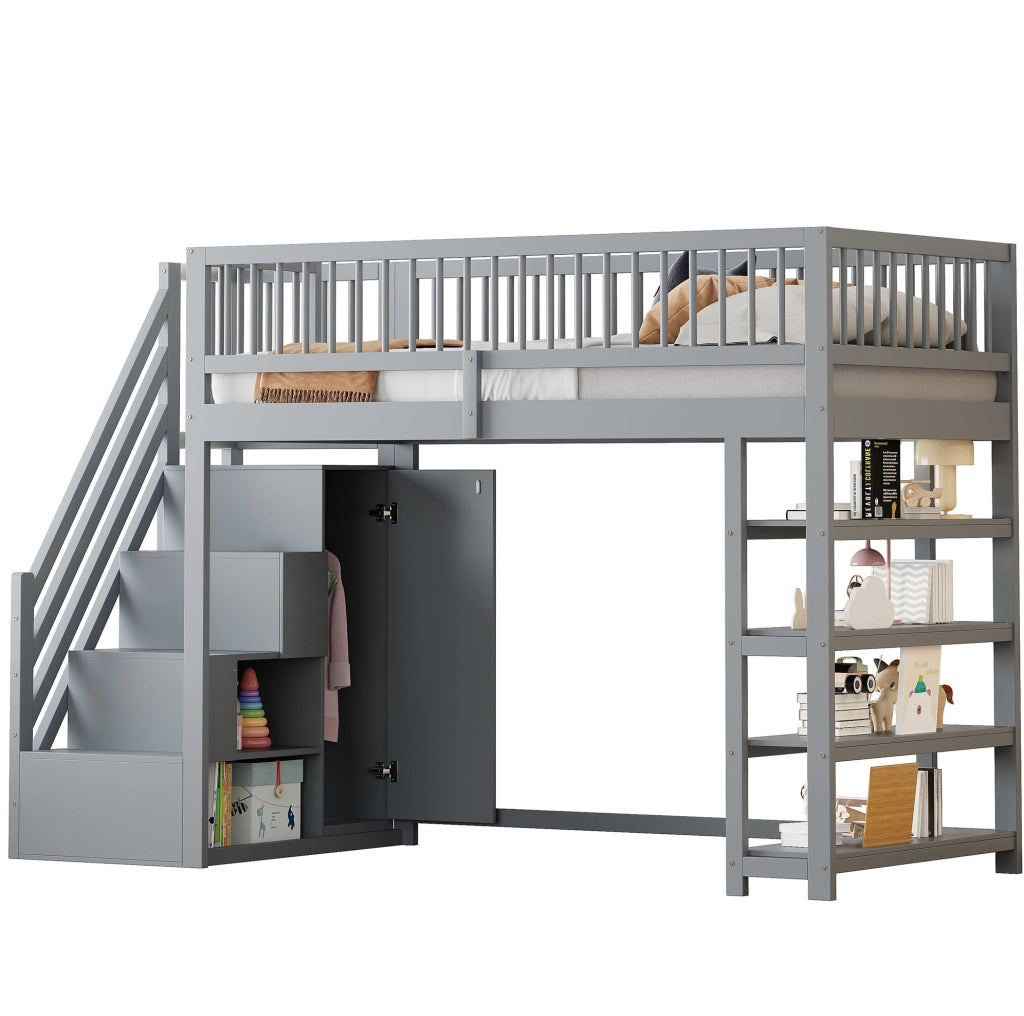 Letto a soppalco ULEVR 90x200 cm con armadio, ripiani, scala di sicurezza e sponde alte, grigio