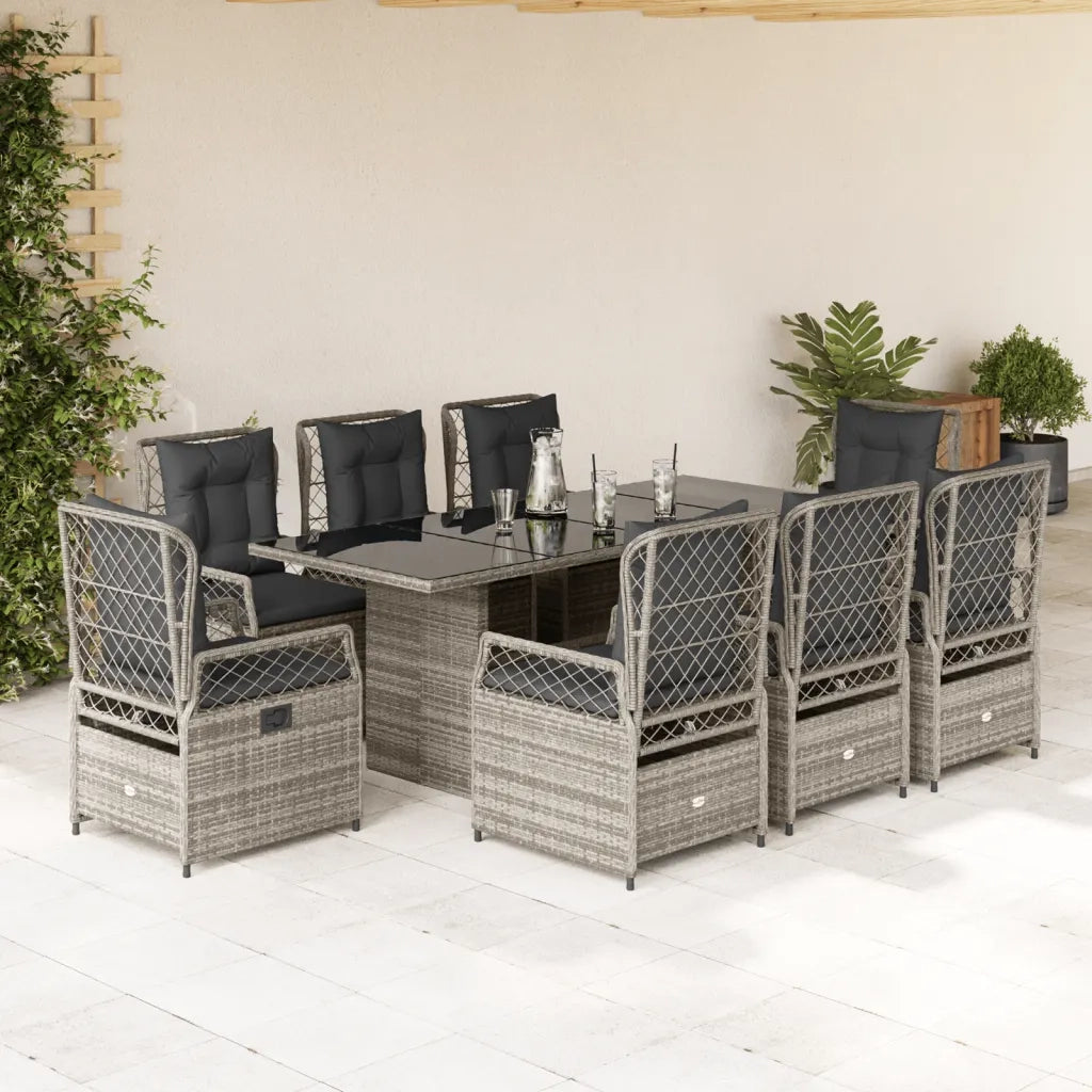 Set da Pranzo da Giardino 9 pz con Cuscini in Polyrattan Grigio