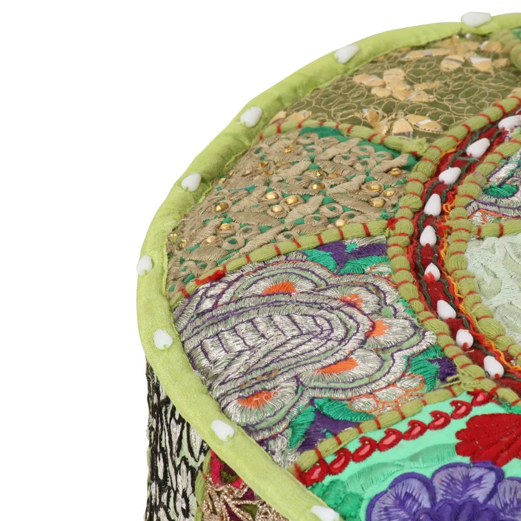 Pouf Patchwork Rotondo Fatto a Mano in Cotone 40x20 cm Verde