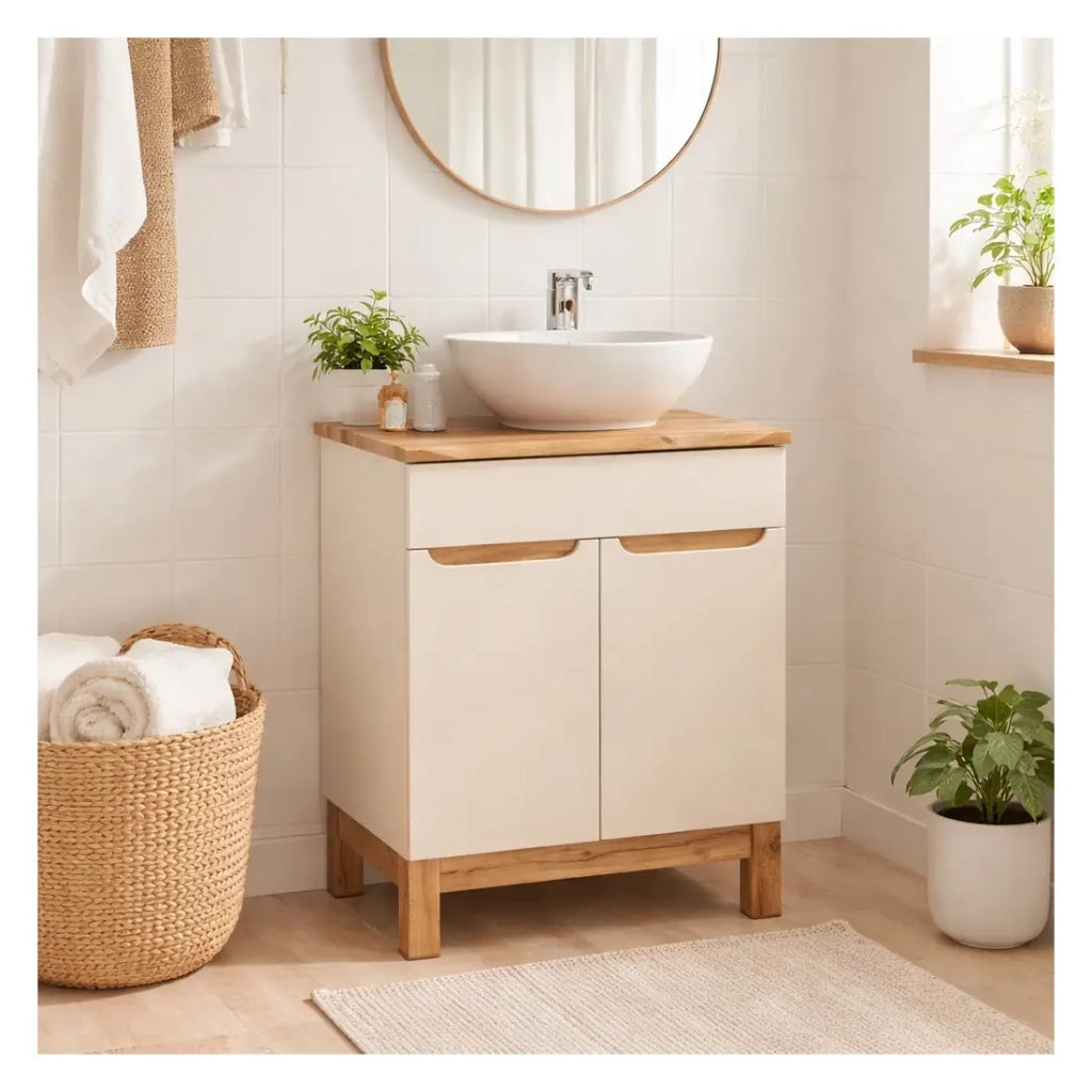 Set da bagno ERMANO cachemire e finitura rovere 60cm: mobile sottolavabo + piano per lavabo smussato