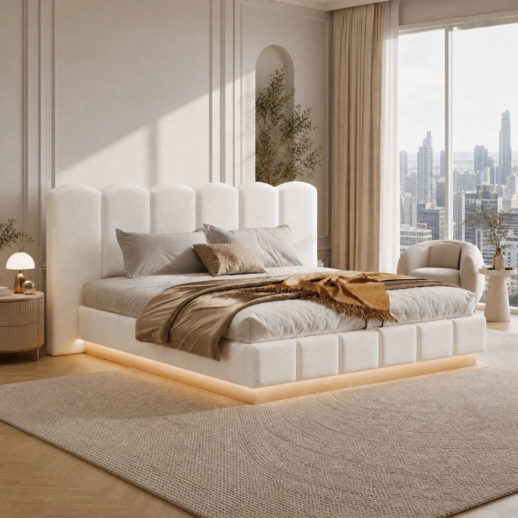 Letto matrimoniale 180x200 cm con contenitore idraulico, testiera imbottita, LED e rivestimento Bouclé bianco