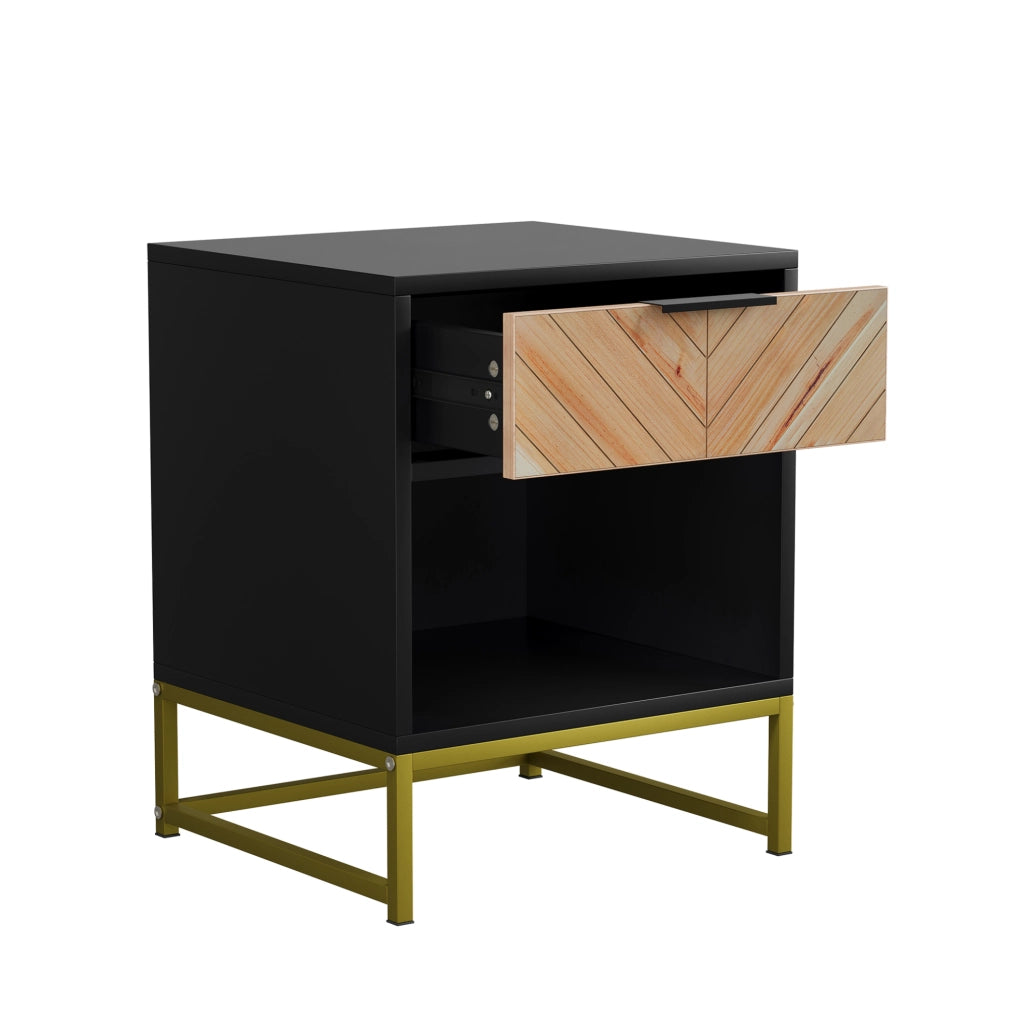 Comodino 43x40x55 cm con cassetto e vano aperto in MDF nero e naturale