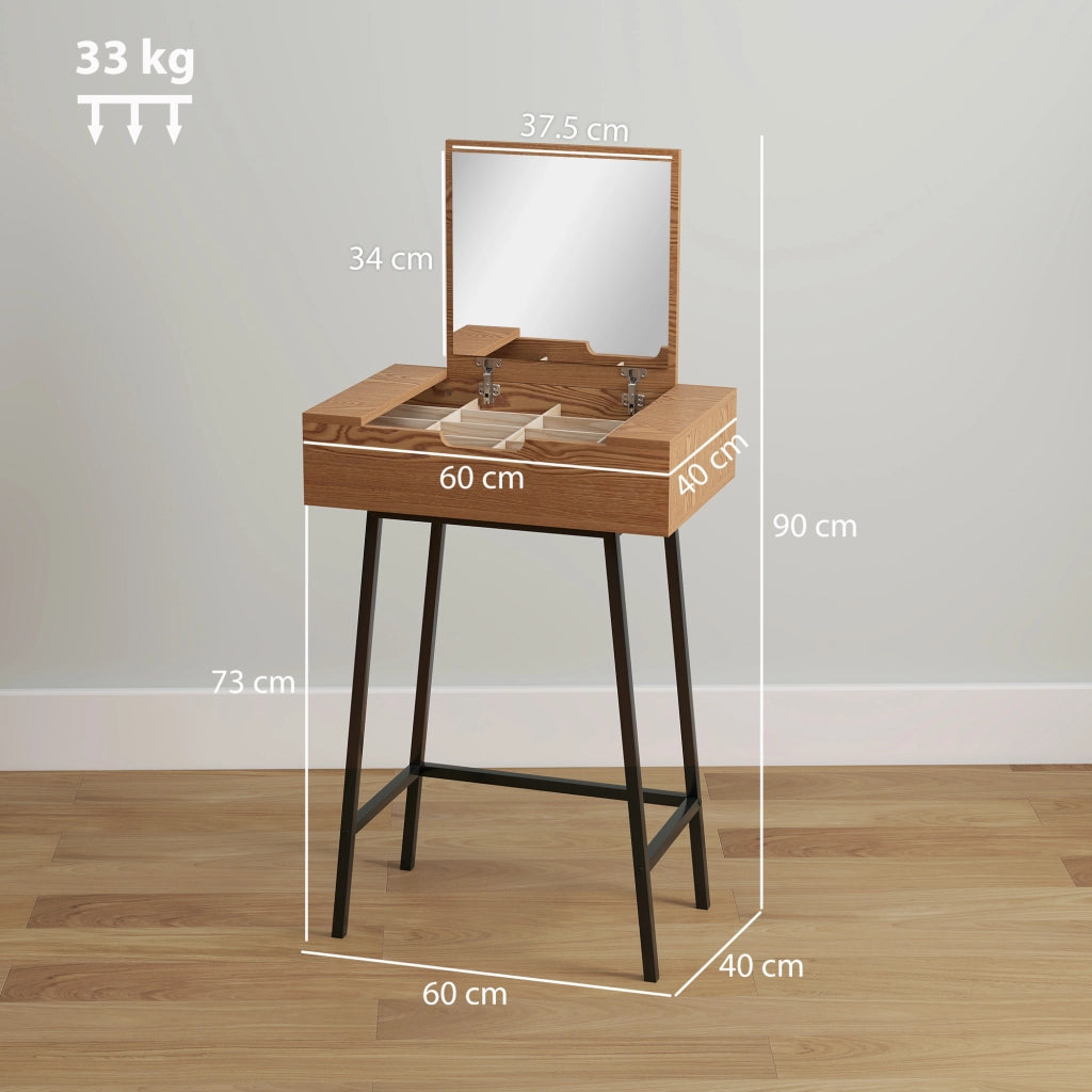 Tavolo Trucco con Specchio Ribaltabile e 16 Scomparti Stile Industriale, Legno e Acciaio, 60x40x90 cm