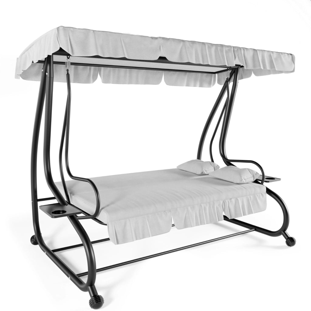 Dondolo 3 Posti Reclinabile Madeira Tettuccio Parasole Regolabile Cuscini Imbottiti Diventa Letto Struttura Robusta In Acciaio Verniciato Giardino Esterno Balcone Terrazzo 200 x 120 x 160 cm Grigio