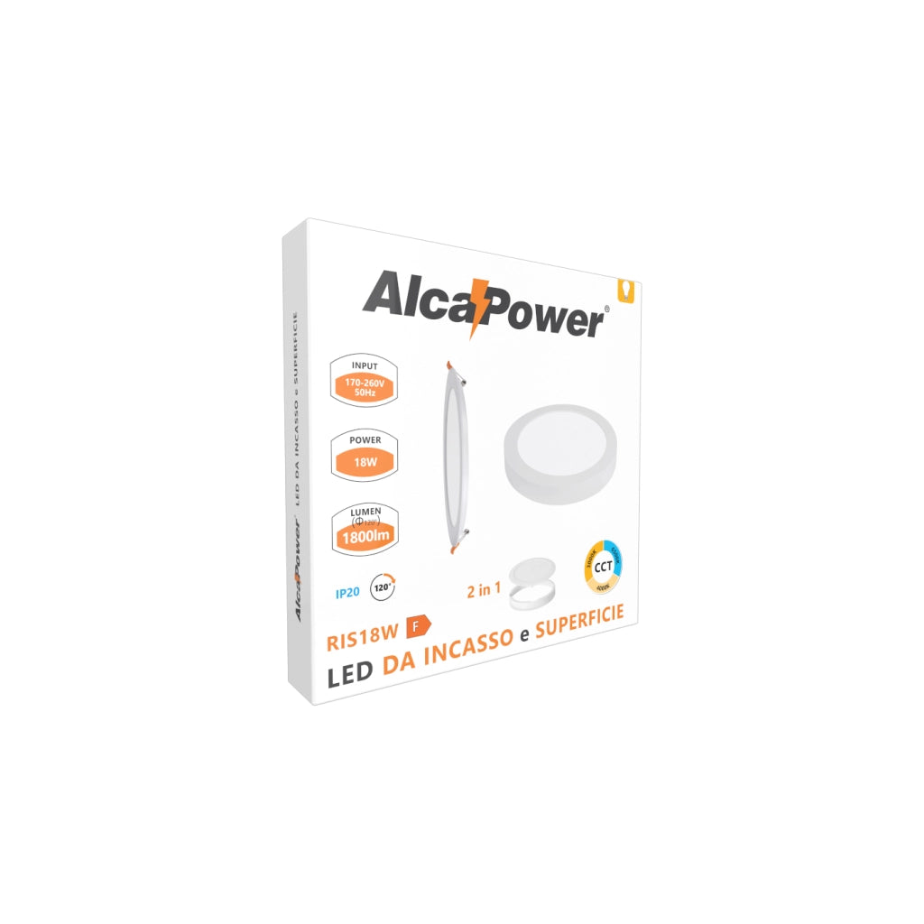 Alcapower Pannello LED Rotondo 18W CCT Selezionabile 3000K-4000K-6000K Installazione Incasso o Superficie Ø225mm Classe II IP20