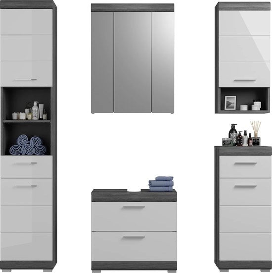 Set di 5 pezzi di arredo bagno - insieme per lavabo - materiale legno - finitura a specchio alta - progetto progettato per risparmiare spazio - certificato FSC - fornito smontato