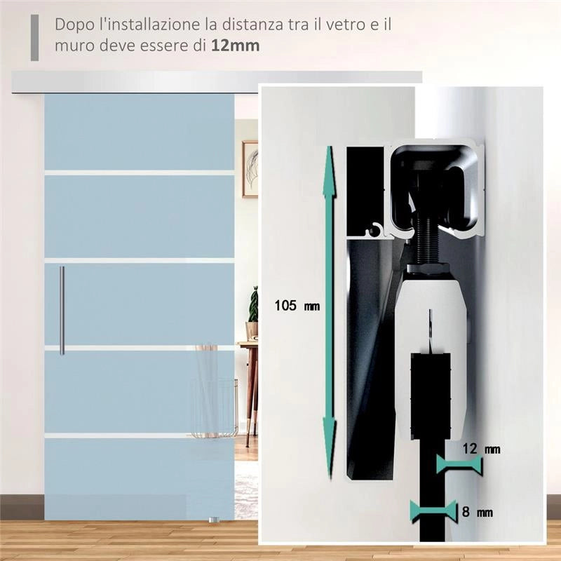 PORTA SCORREVOLE IN VETRO SATINATO CON 4 STRISCE TRASPARENTI, 102.5X205CM