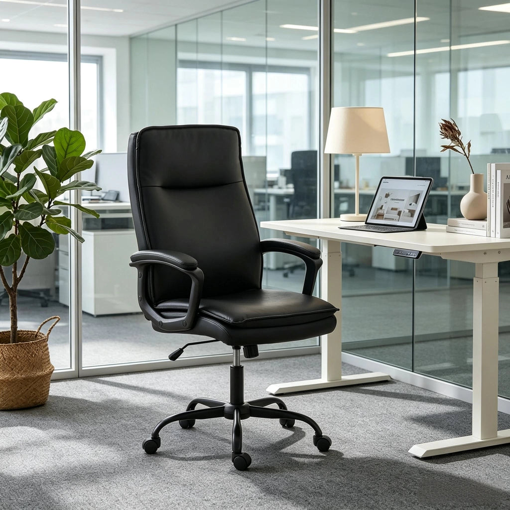 Sedia da ufficio ergonomica con schienale curvo, seduta doppio strato e base metallica, in PU nero
