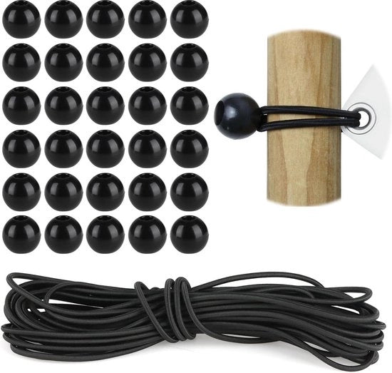 Set di tiranti per tenda 31 pezzi 10 metri Gomma nera per tiranti 4mm Tela di gomma per tiranti Tiranti per tende set di 30 palline per tiranti per tende e banniere