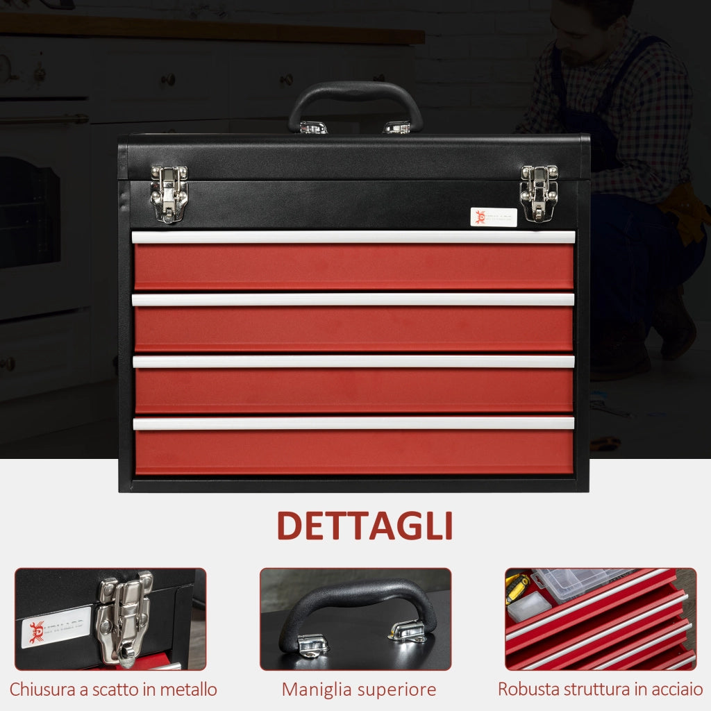 Cassetta Porta Attrezzi in Acciaio con 4 Cassetti e Vassoio Superiore, 51x22x39.5 cm, Rosso e Nero