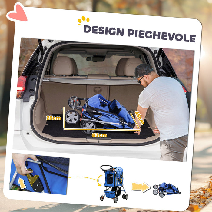 Passeggino per Cani Taglia Piccola Pieghevole con Copertura Antipioggia e Freni Blu