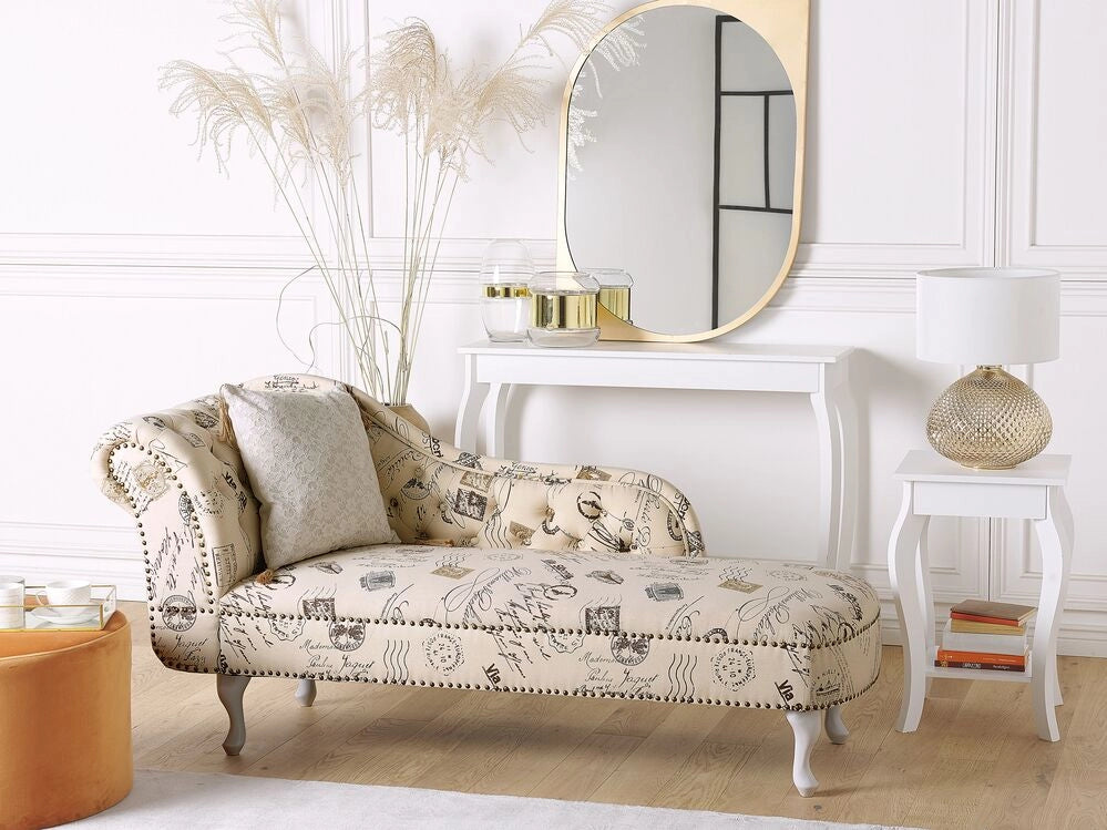 Chaise longue Beige a versione sinistra in tessuto di poliestere con bottoni a testa di chiodo con stampa di timbri