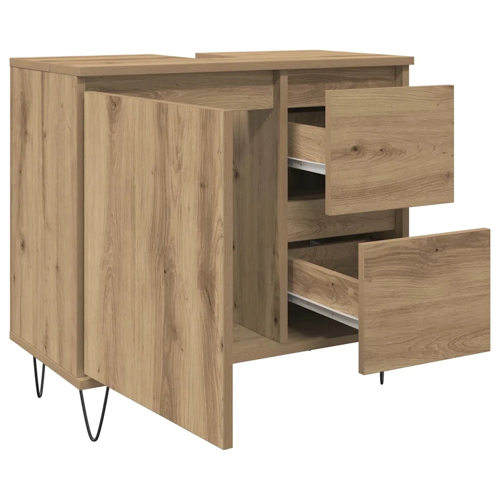 Mobiletto da bagno pratico e industriale 65 x 33 x 60 cm in legno di rovere lavorato a mano 02_0051107