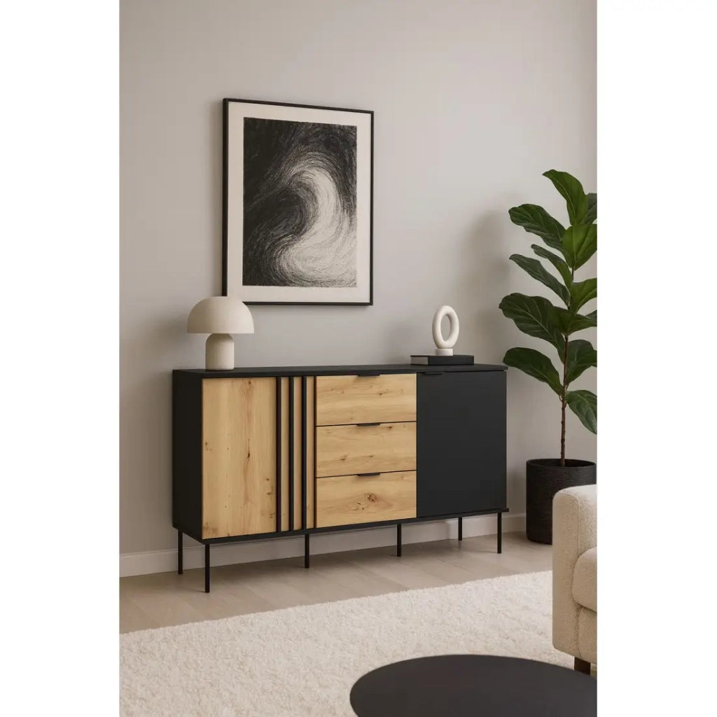 Buffet design IZO – 2 porte & 3 cassetti – Nero onice & Rovere chiaro – 165x92x40 cm