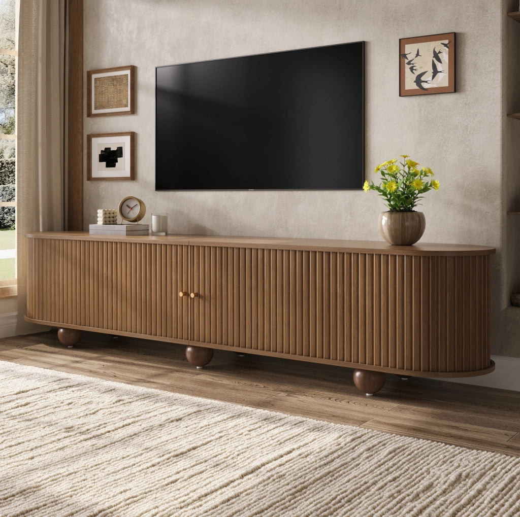 Mobile TV basso con ante scorrevoli a rilievo verticale 180x35x45 cm in MDF noce